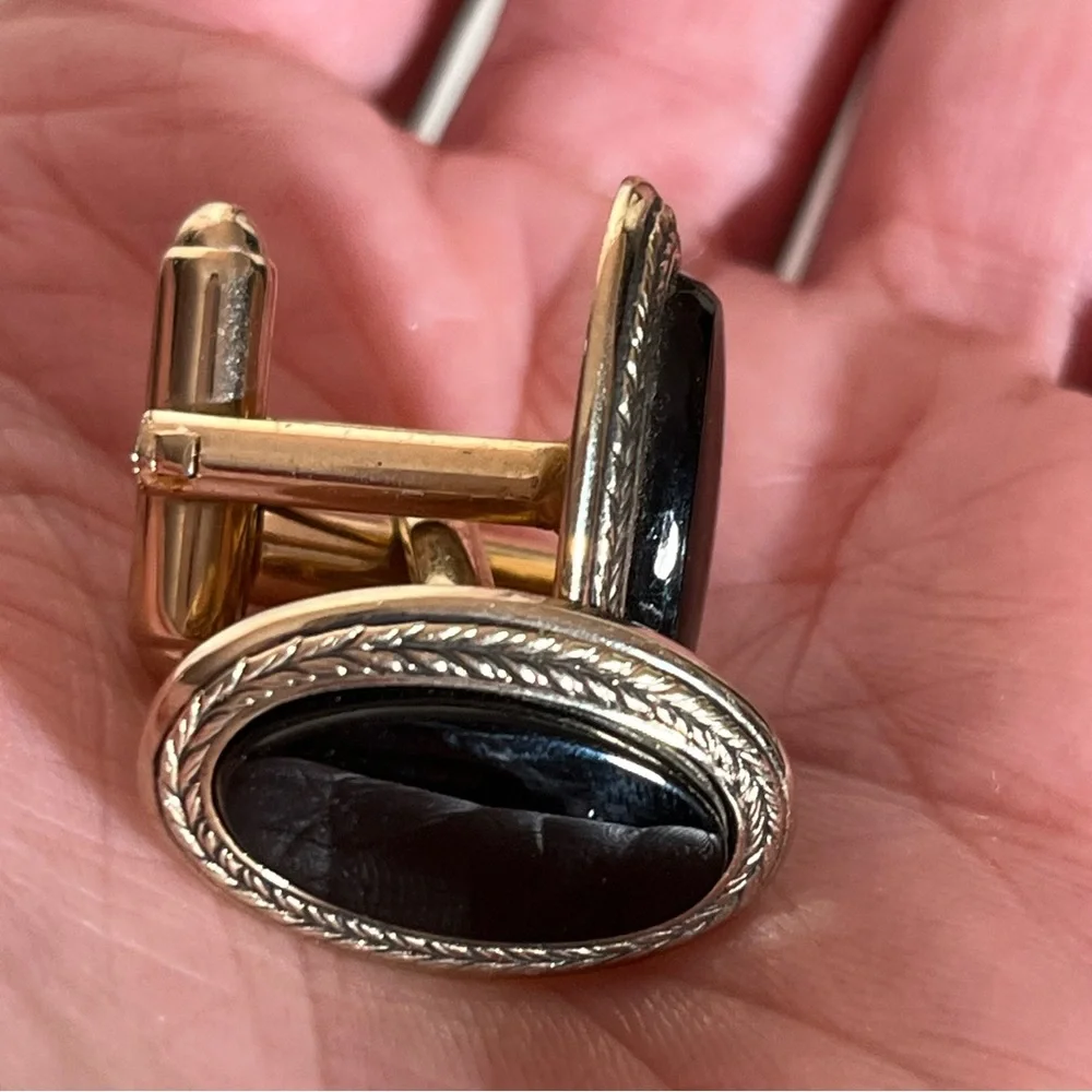 Vintage 60 70 Shield Victorian Oversized black onyx Brass Gold Cufflinks